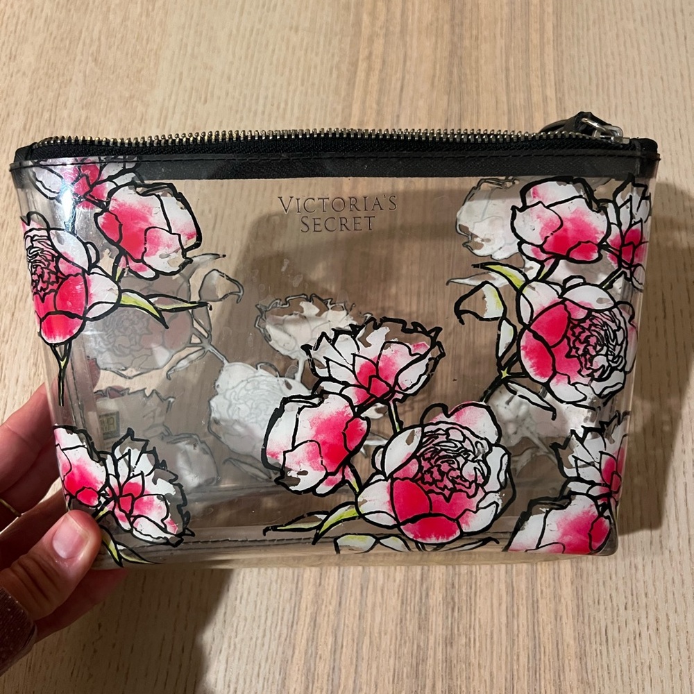 Victoria's Secret Clear Floral Makeup Bag - Pink & Black Accents